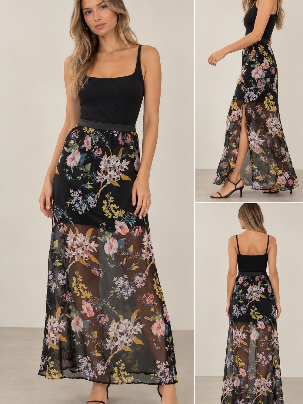 H&M Black Floral Sheer Maxi Skirt